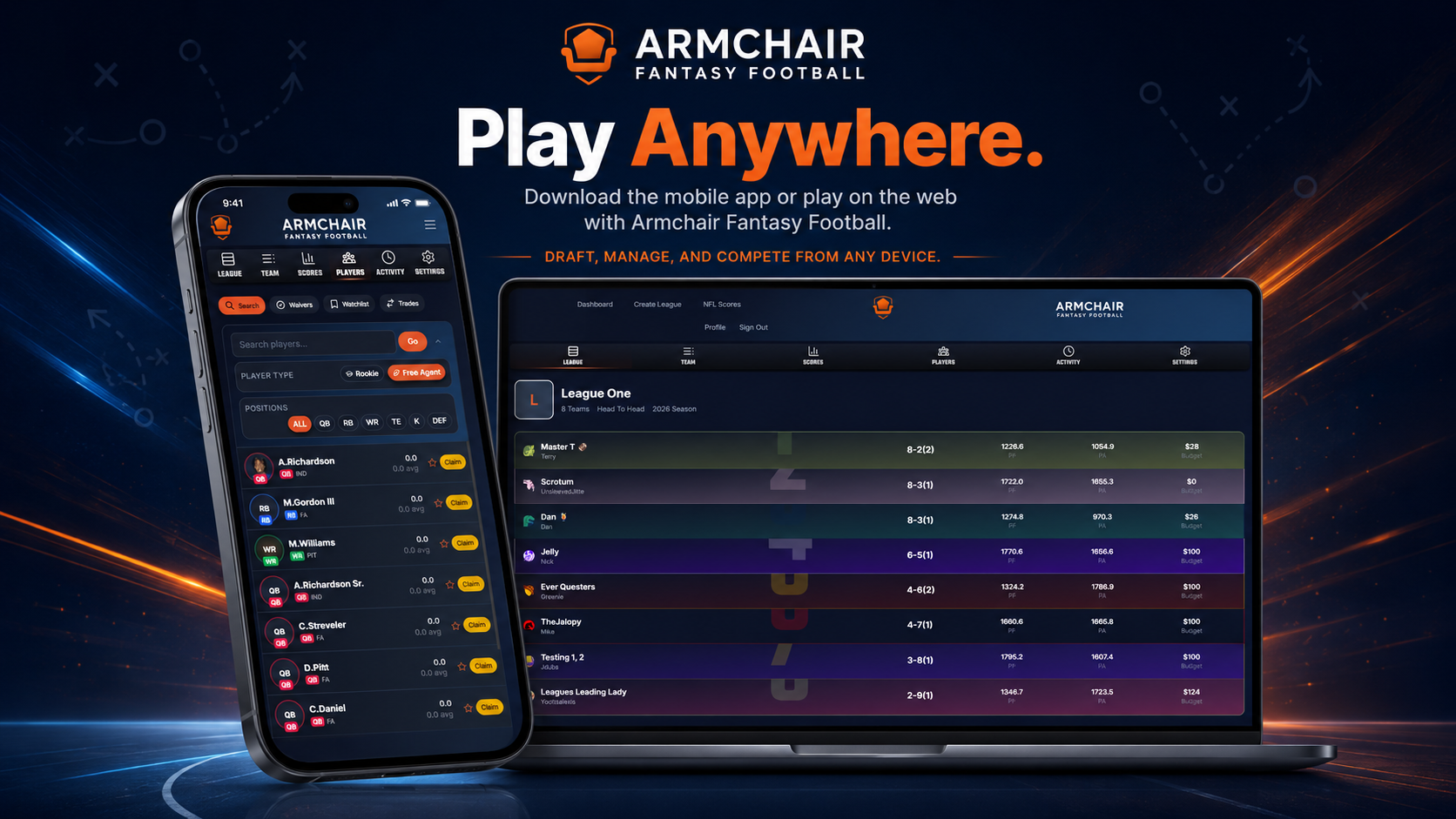 Armchair Fantasy Football shown on mobile and desktop